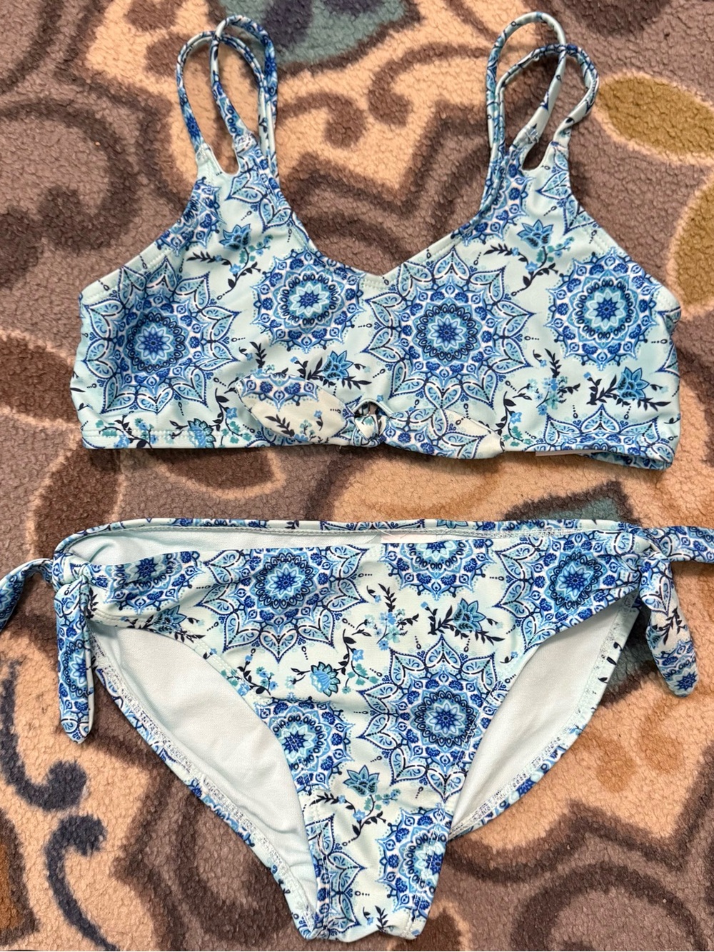 Girls Kids Light Blue and Navy Mandala Print Bikini Set